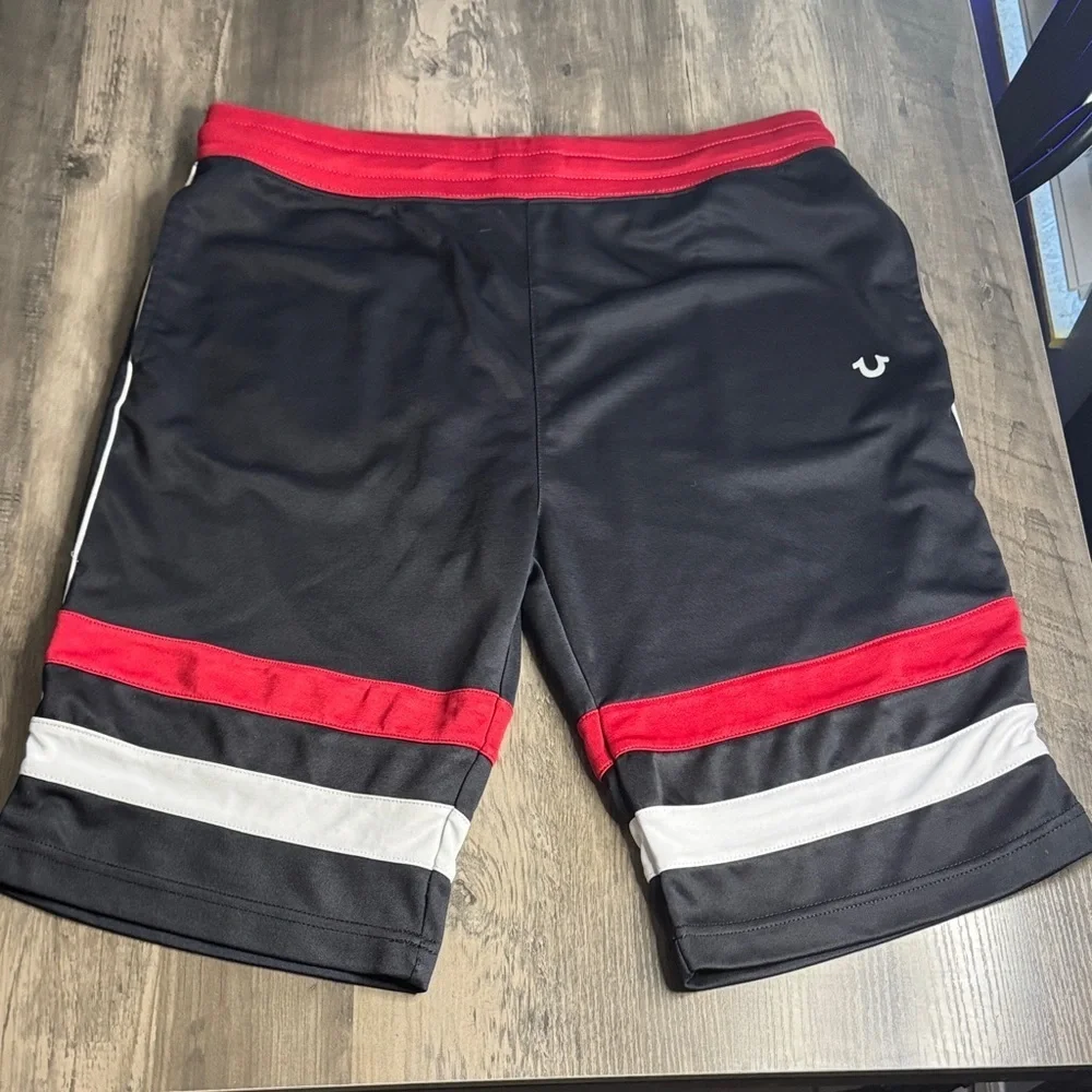 True Religion 90’s Y2K Black Shorts with Red and White Stripes